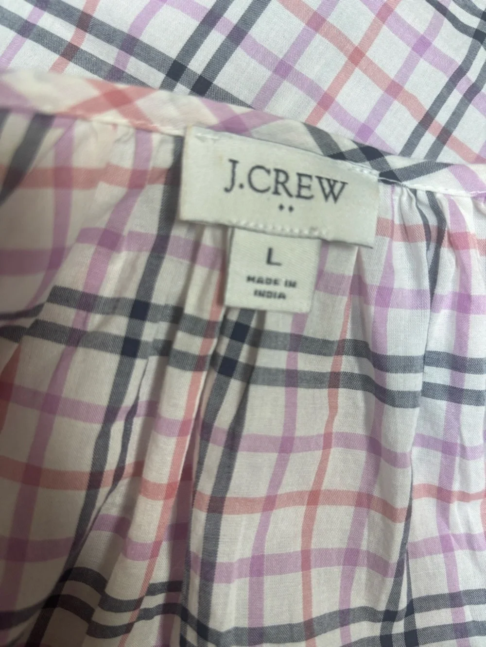 J. Crew Cotton Pink & Navy Plaid Ruffle Lace Trim Peasant Boho Top Blouse Sz L